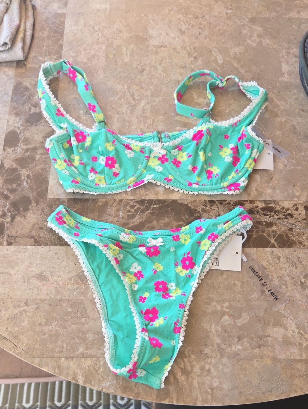 Turquoise Floral Bikini Set with Pink & Yellow Flowers M Size Top Small Bottom